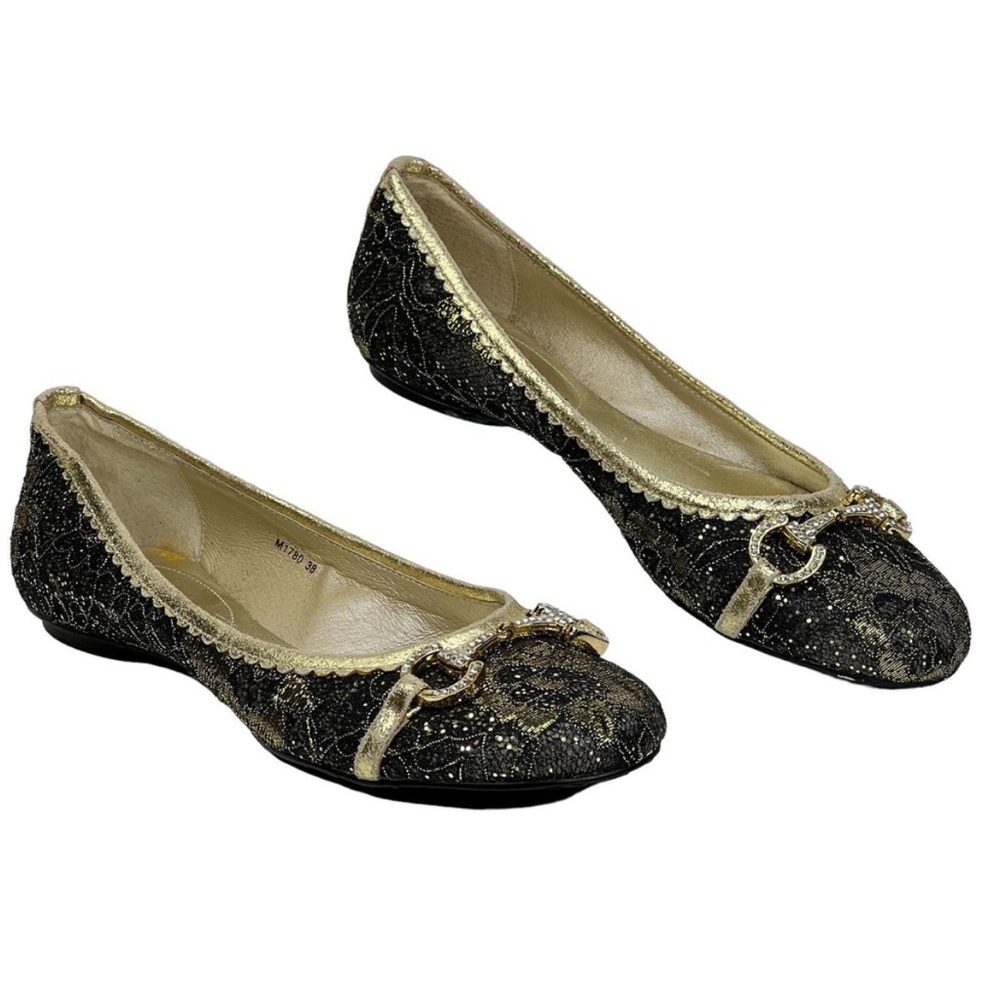 Roberto Botella Womens Black Gold Lace Sequin Rhinestone Slip On Ballet Flat 7.5